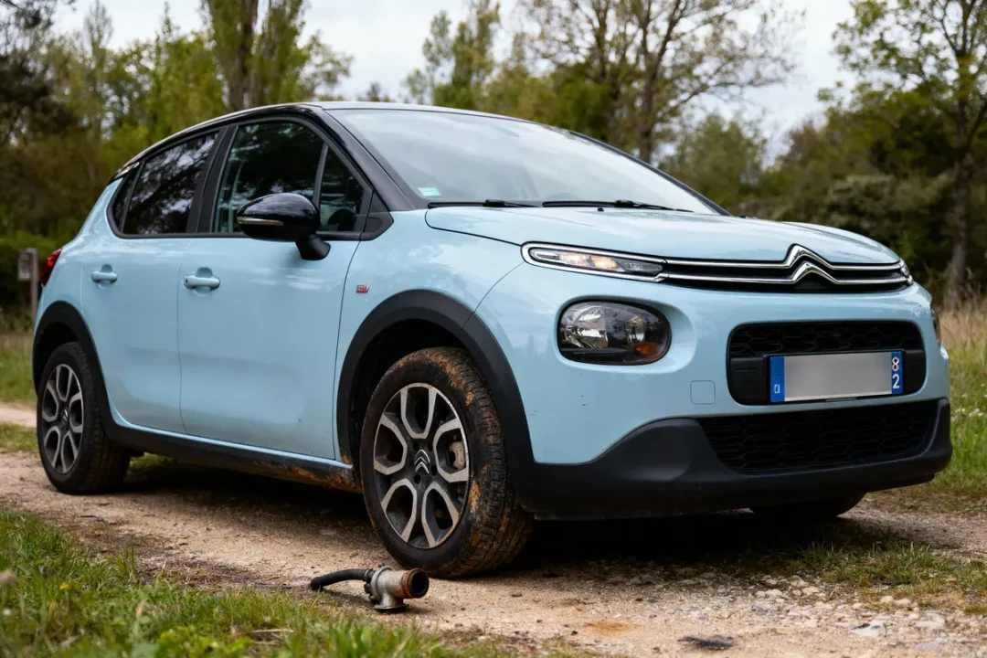 Voiture Citroën C3 bleue sur chemin terre, ciel couvert. Objet métallique abandonné devant.