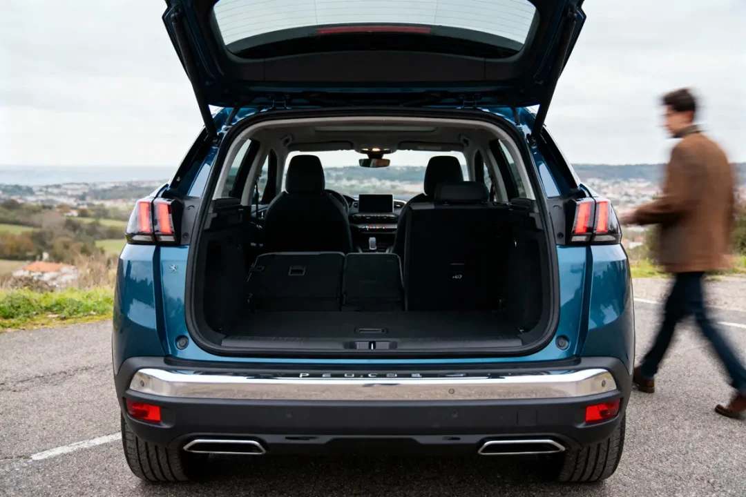 Coffre ouvert d'un SUV bleu avec une personne floue en arrière-plan, vue extérieure.