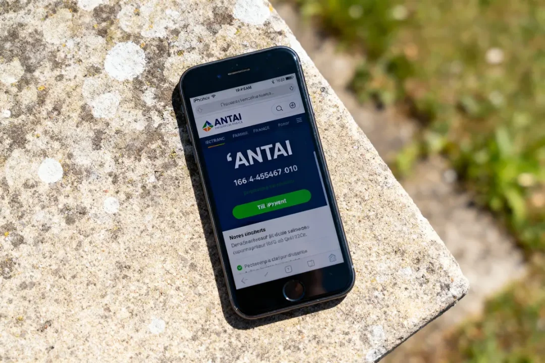 Smartphone affichant le site d'ANTAI sur un muret en pierre, en extérieur, éclairé par le soleil.