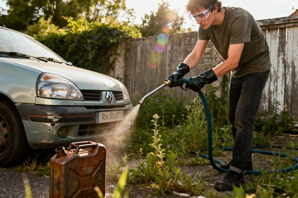 Homme nettoie un jerrican rouillé avec un nettoyeur haute pression près d'une voiture Renault.