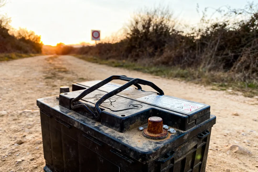 Vieille batterie de voiture sur chemin terreux avec coucher de soleil à l'arrière-plan, panneau de signalisation visible.