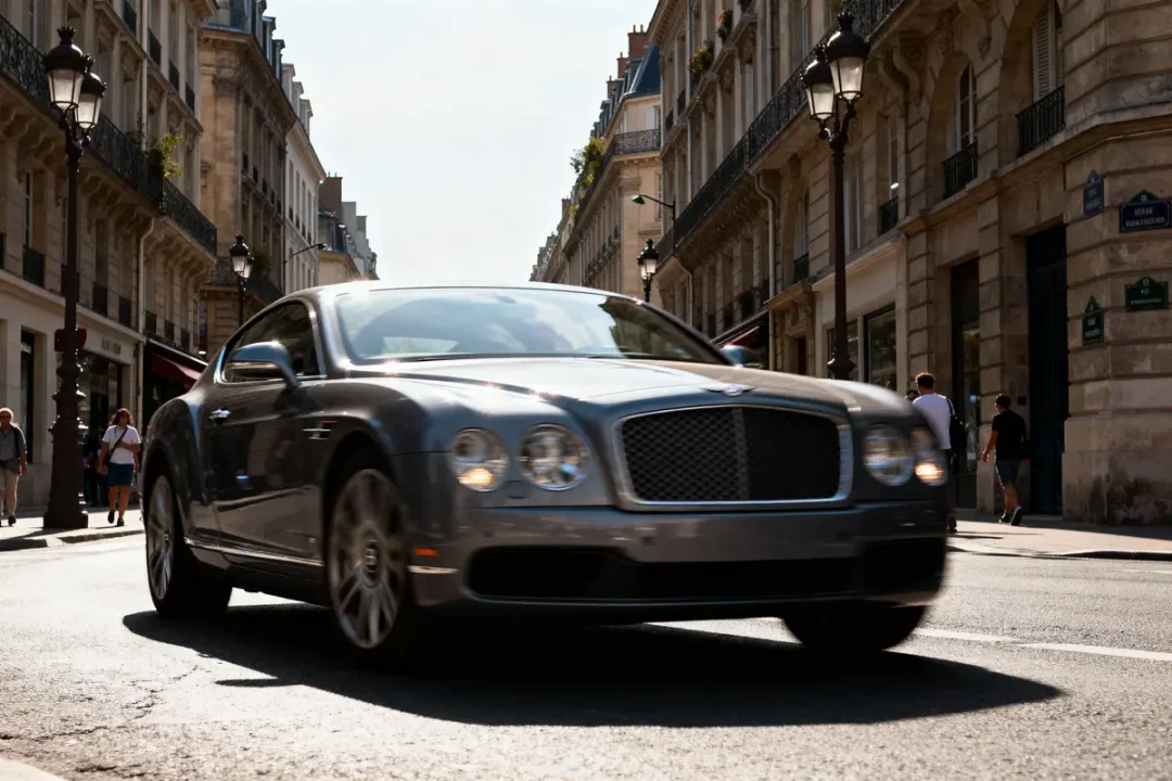 Voiture de luxe grise Bentley roulant dans une rue parisienne avec bâtiments historiques autour.