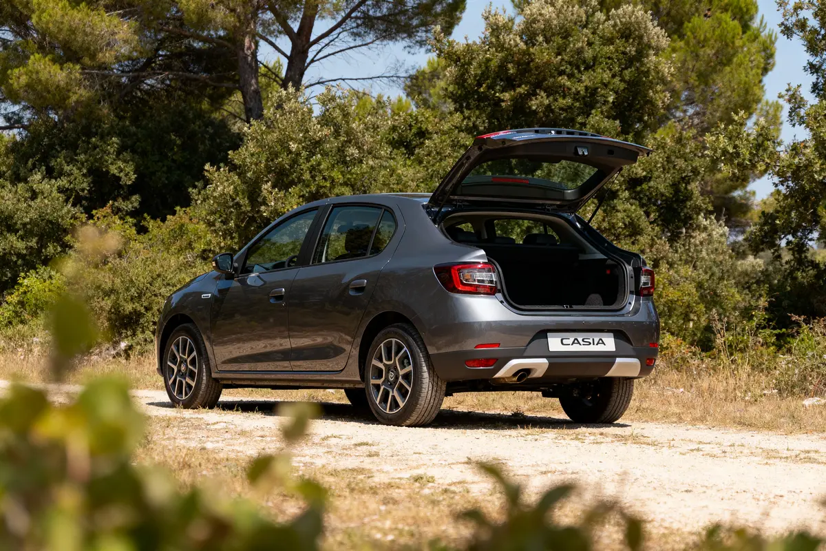 Voiture gris métallisé coffre ouvert, arrière-plan boisé en plein jour, plaque "CASIA".