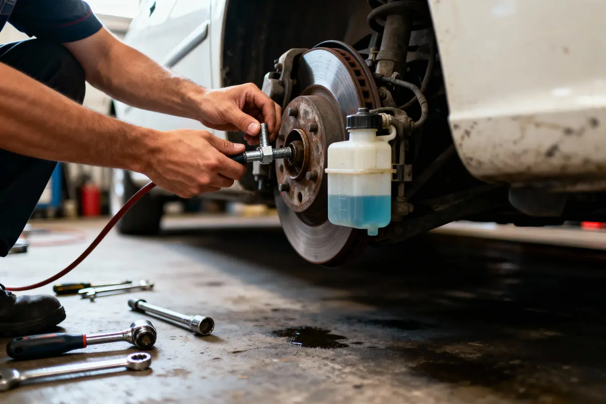 Mécanicien réparant les freins d'une voiture dans un garage, outils éparpillés sur le sol.