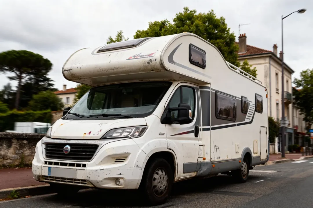 Camping-car blanc usagé stationné dans une rue résidentielle, maisons et arbres en arrière-plan.