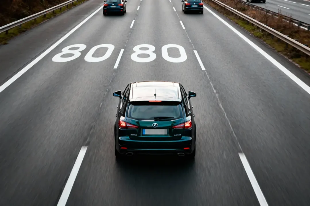 Voiture noire sur autoroute avec limitation de vitesse 80 km/h marquée au sol.