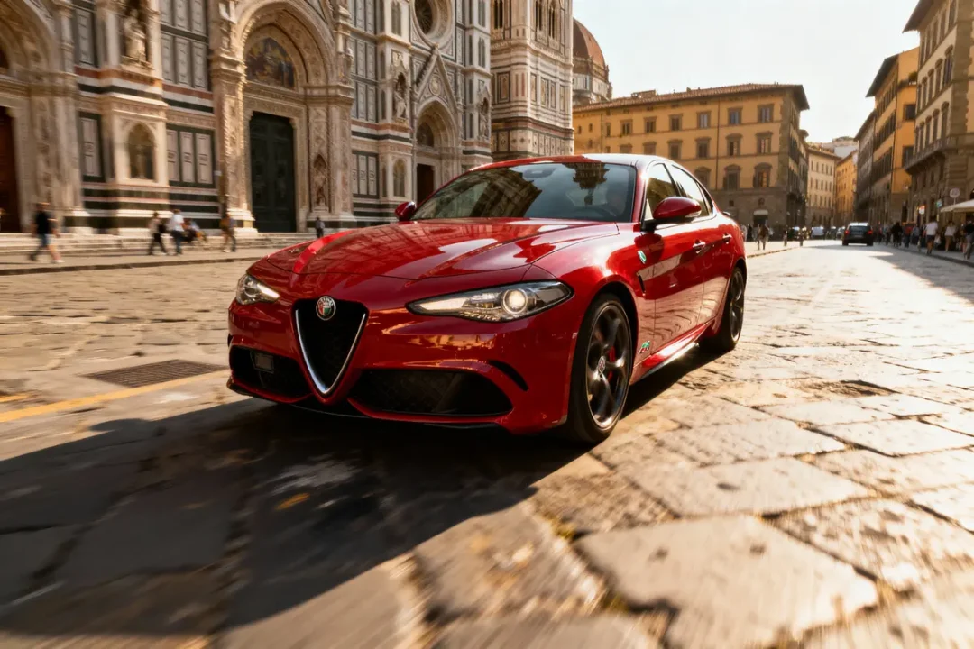 Voiture Alfa Romeo rouge roulant devant la cathédrale Santa Maria del Fiore à Florence, Italie.