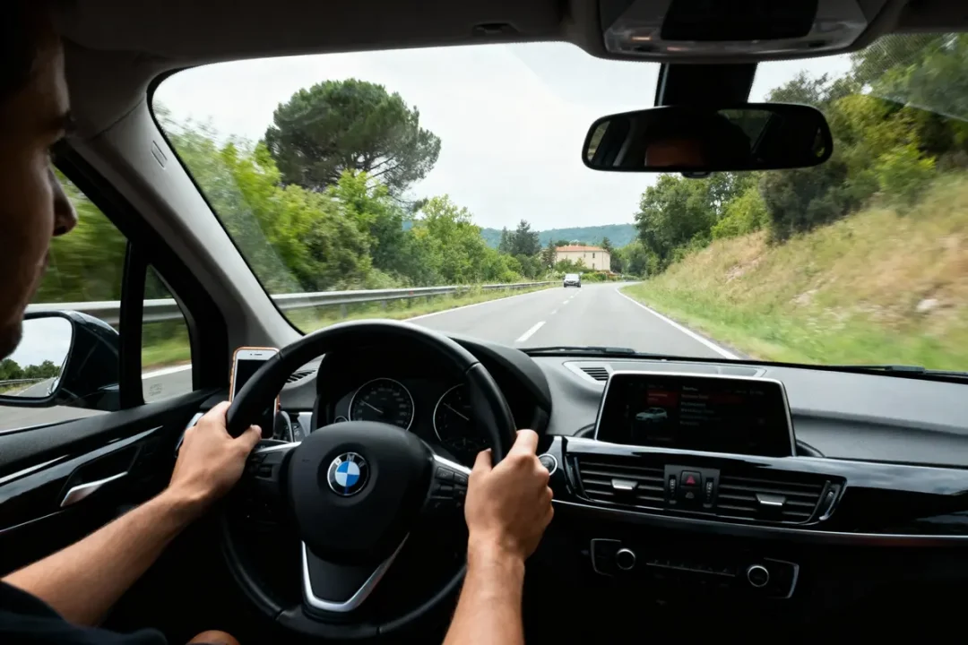Conducteur de BMW sur route bordée d'arbres, tenant le volant, téléphone visible.