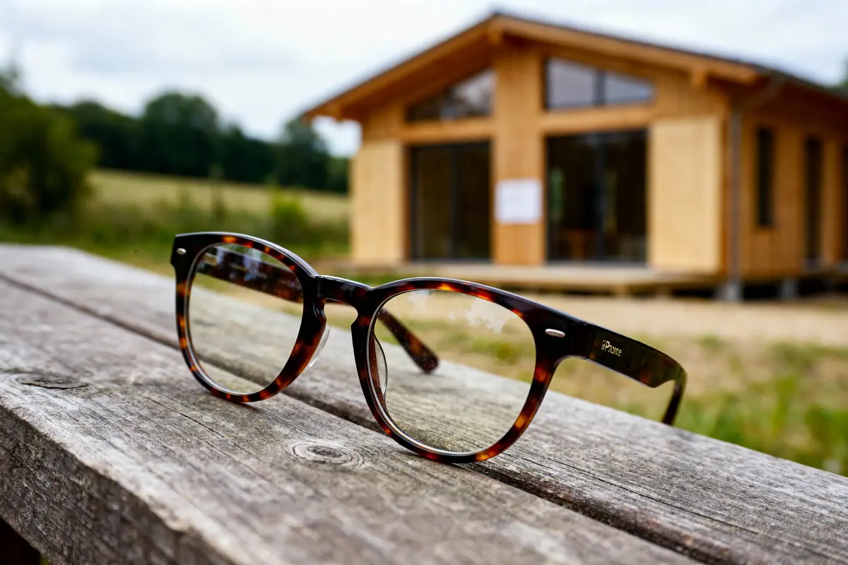 Lunettes en écaille sur table en bois avec maison en bois floue en arrière-plan, paysage naturel.