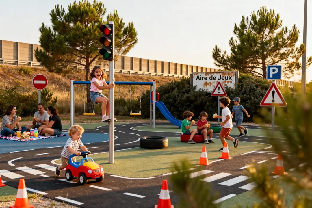 Enfants jouant dans une aire de jeux à thème routier avec panneaux de signalisation et parents pique-niquant.