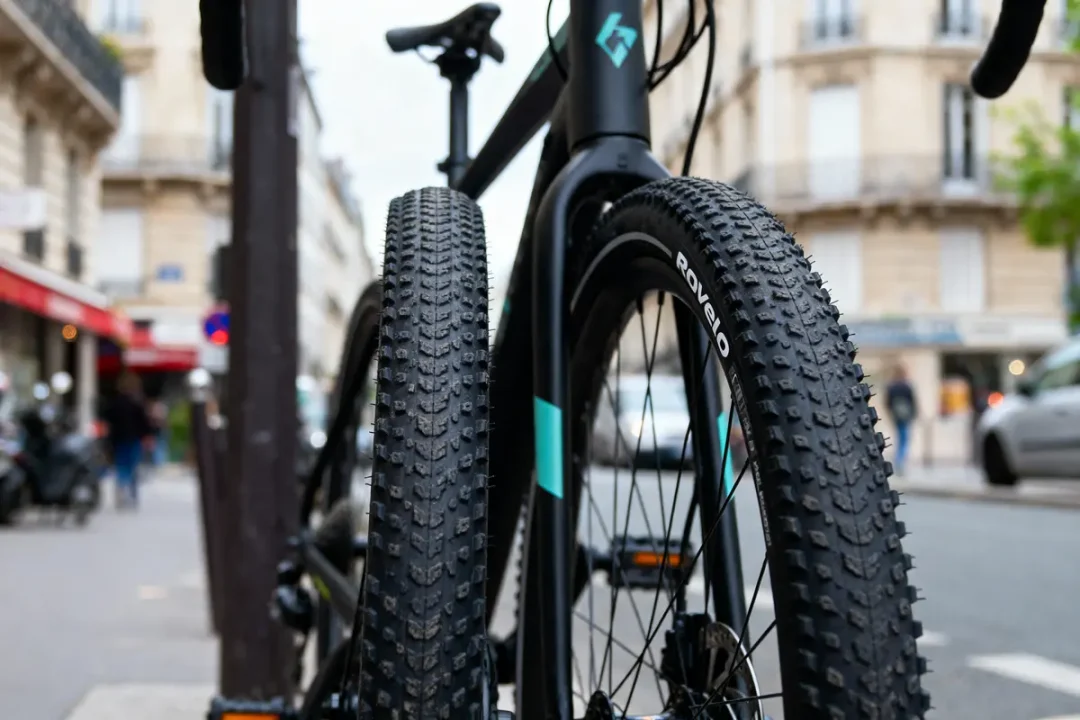 Roues de vélo tout-terrain vues de près, arrière-plan urbain flou avec immeubles et passants.