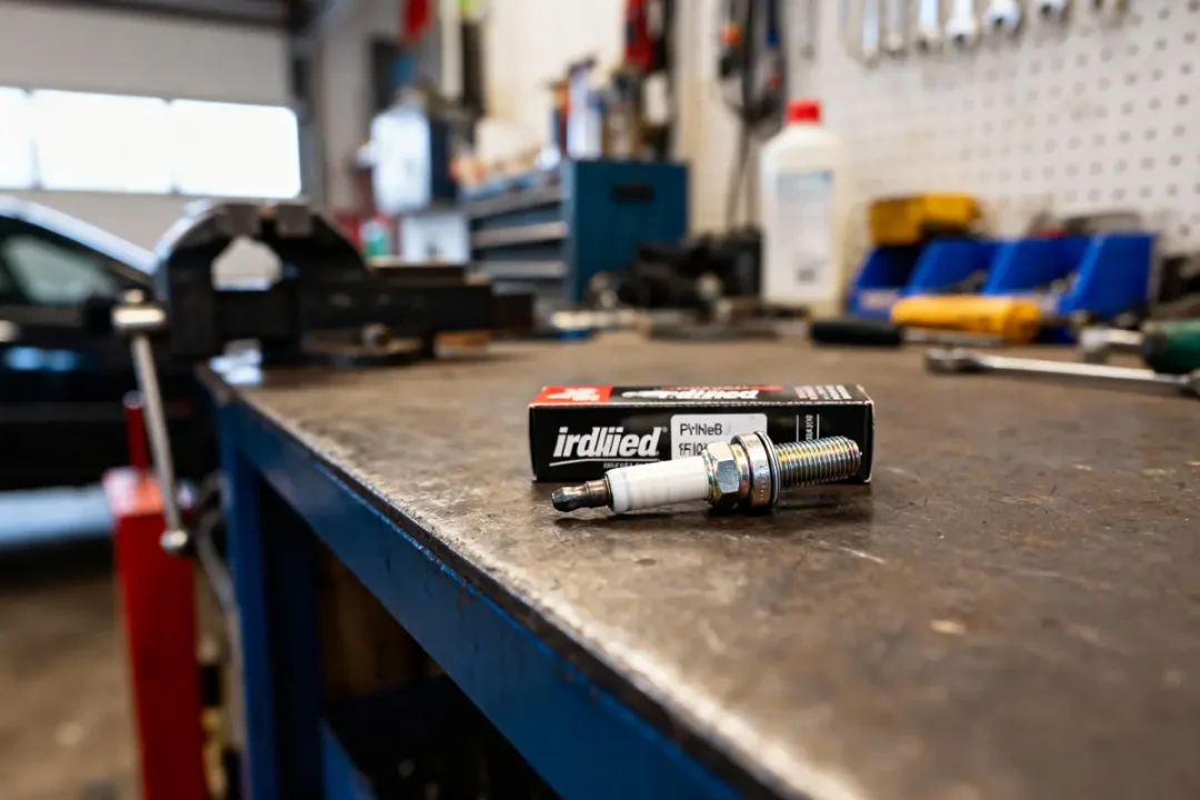 Bougie d'allumage sur un établi de garage, boîte à outils floue en arrière-plan.