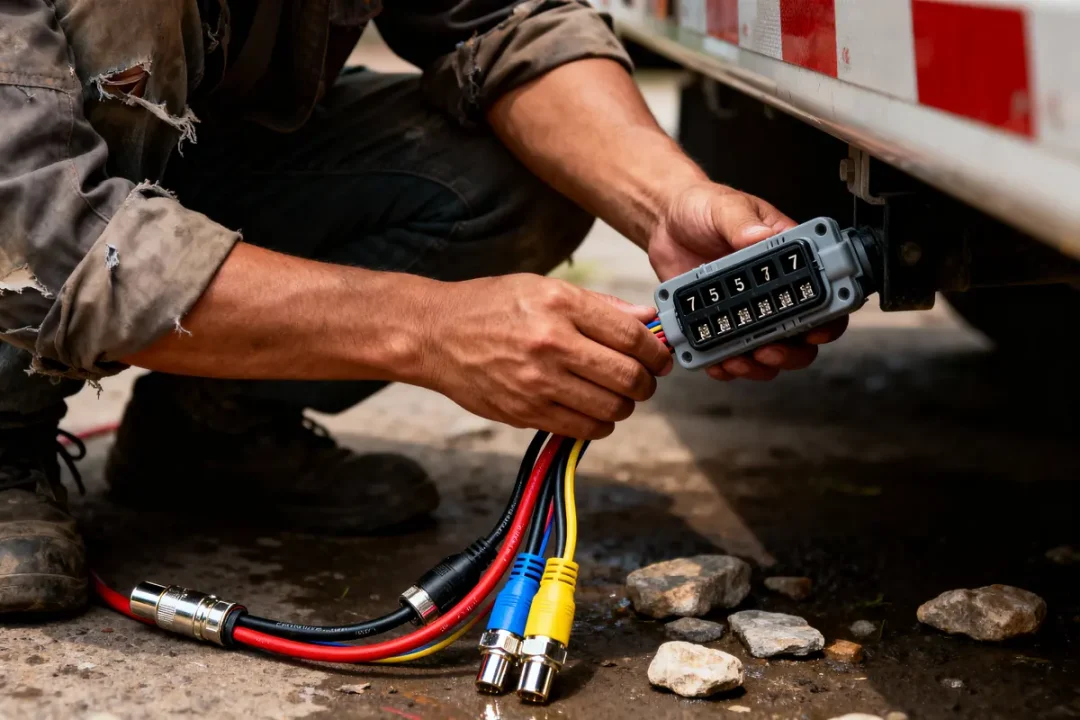 Personne connectant des câbles multicolores à une prise électrique sous un véhicule, sur un sol rocailleux.