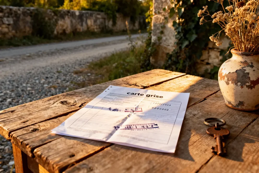 Document carte grise, clé, pot en terre sur table en bois extérieur, chemin de gravier entoure.