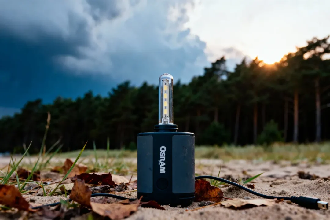 Lampe portable Osram sur sol sablonneux, forêt en arrière-plan, ciel nuageux et éclaircie à l'horizon.