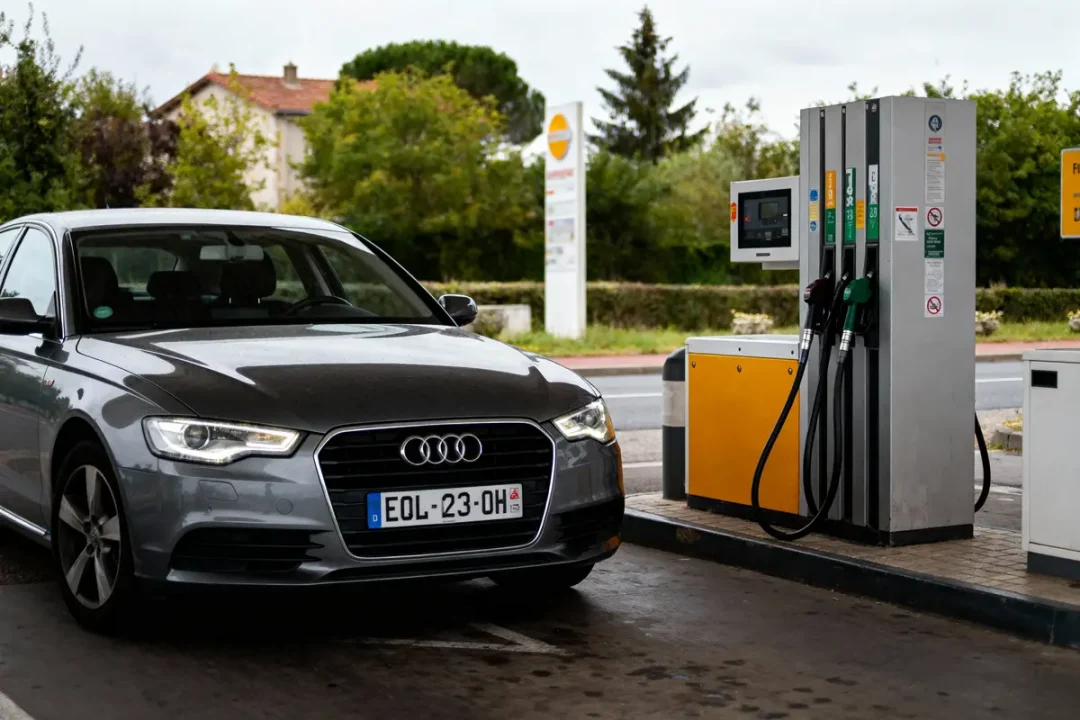 Voiture grise Audi garée à une station-service avec une station de pompes à essence sous un ciel nuageux.