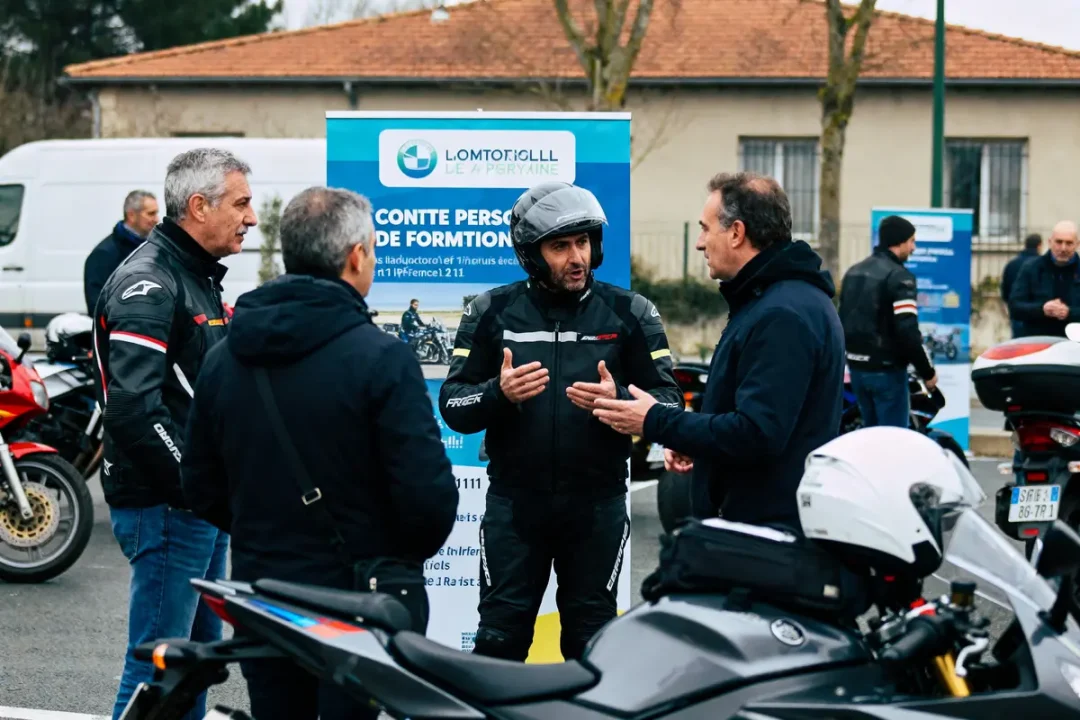 Quatre motards discutent devant une banderole, portant des casques et des vestes, motos en arrière-plan.