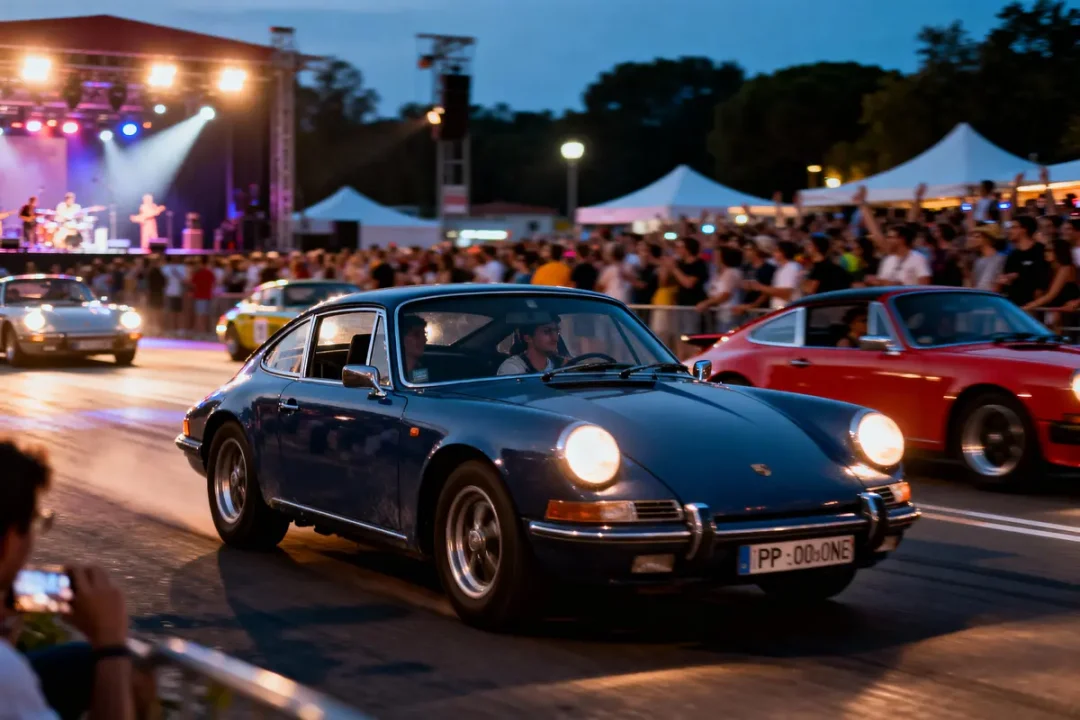Voitures classiques Porsche défilant à un événement en plein air, scène de concert en arrière-plan.