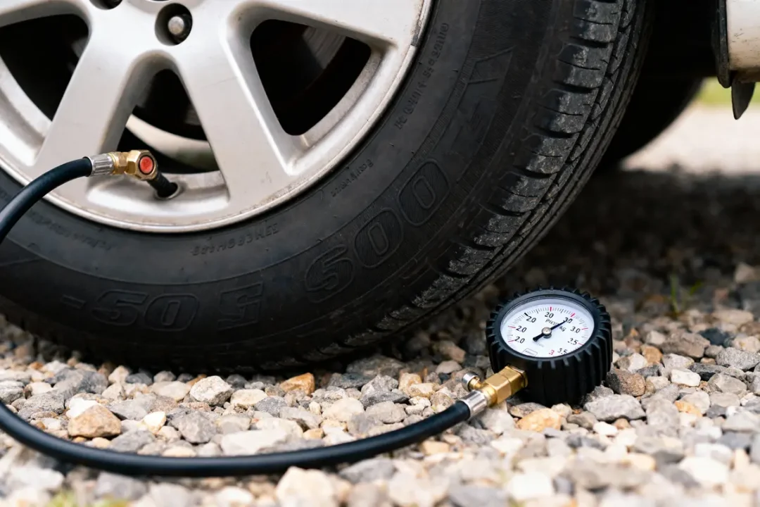 Pneu de voiture sur graviers, manomètre contrôlant la pression, valve avec tuyau connecté.
