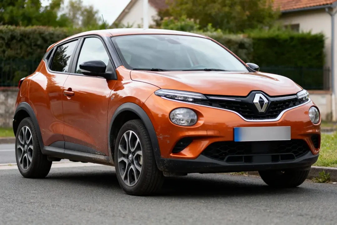 SUV Renault orange stationné devant une maison, sur une route résidentielle.