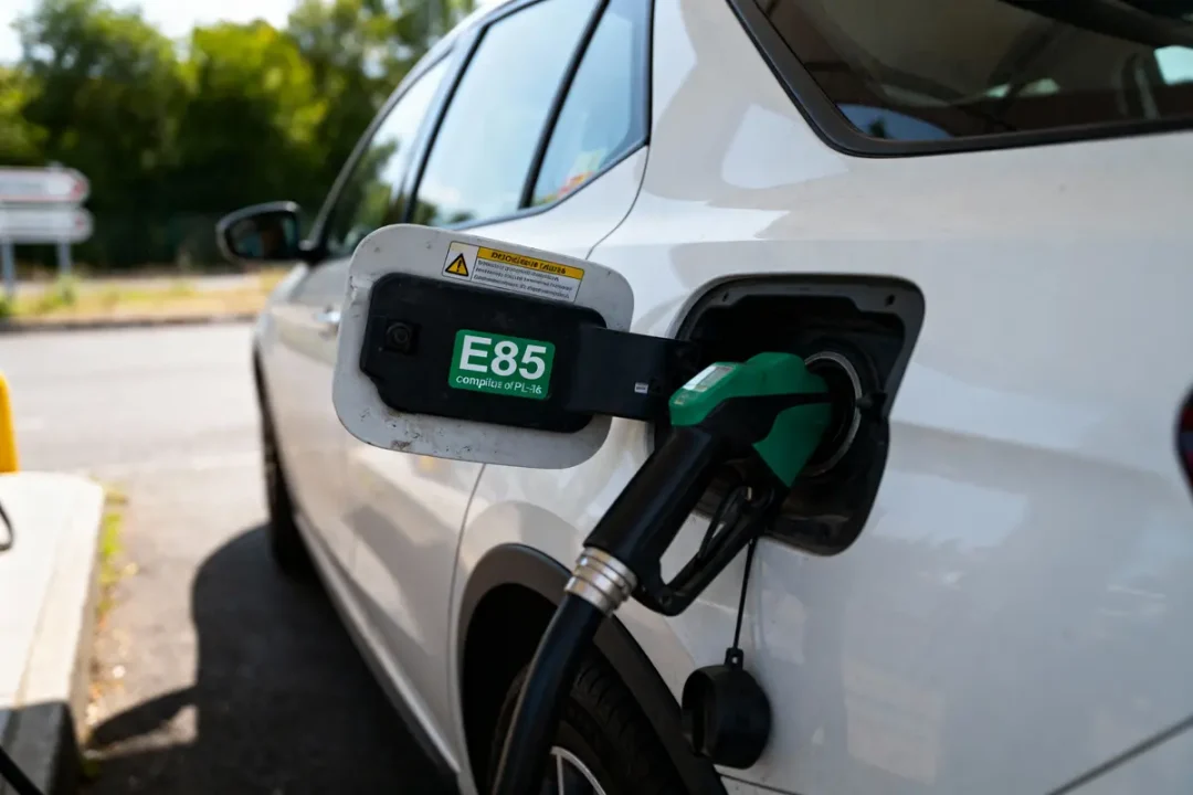 Voiture blanche en cours de ravitaillement en bioéthanol E85 avec pompe à carburant verte.