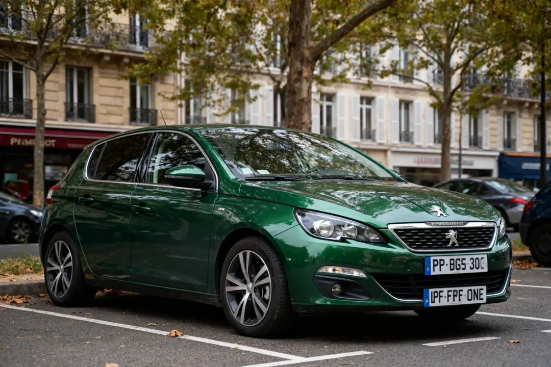Voiture verte Peugeot stationnée, arbres et immeubles en arrière-plan, journée nuageuse.