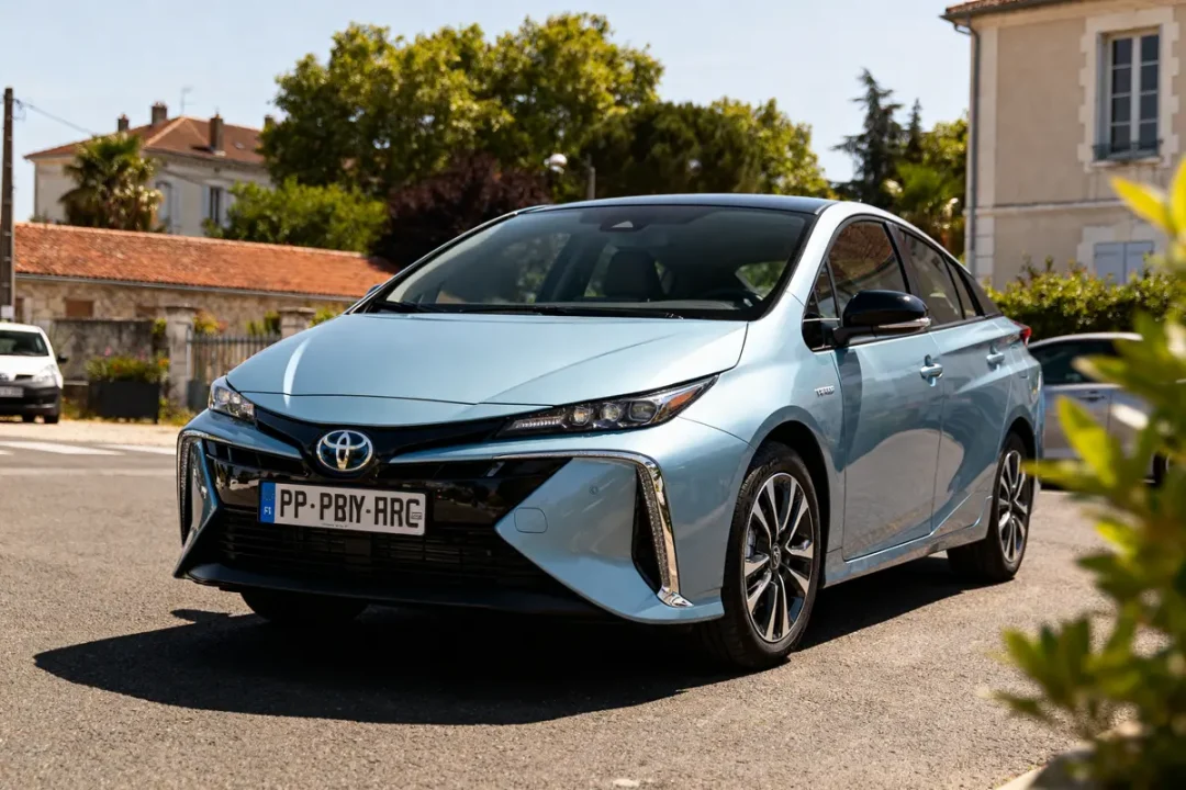 Voiture Toyota bleue garée dans une rue ensoleillée, maisons en arrière-plan.