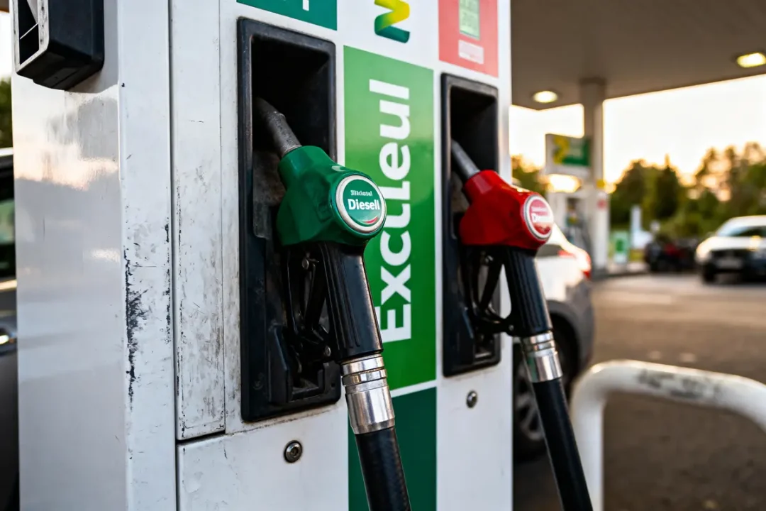 Deux pompes à essence, diesel et ordinaire, à une station-service au coucher du soleil.