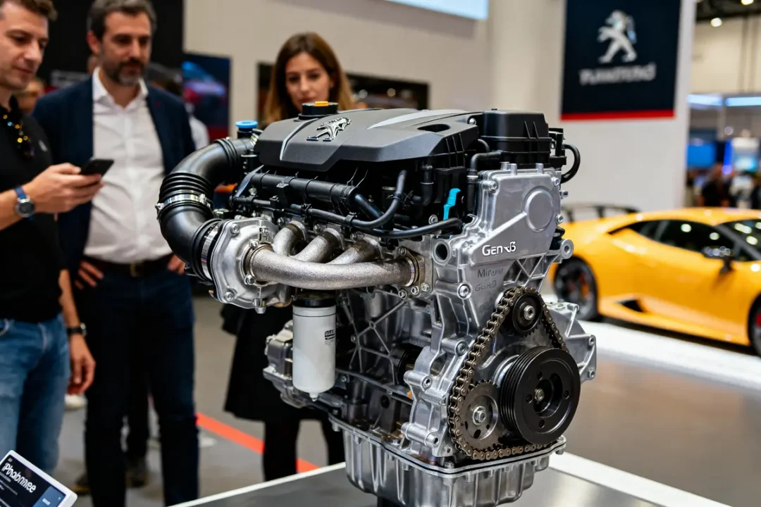 Moteur Peugeot Gen3 exposé, personnes autour, voiture sportive jaune à l'arrière, logo Peugeot visible.