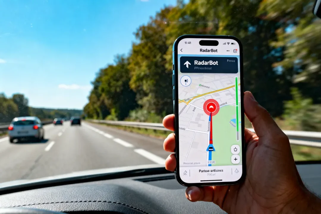 Personne tenant un smartphone avec une application GPS active, conduisant sur une autoroute par temps ensoleillé.
