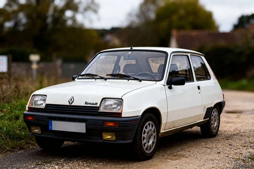 Voiture blanche ancienne, Renault, stationnée sur une route de campagne, fond flou, journée nuageuse.