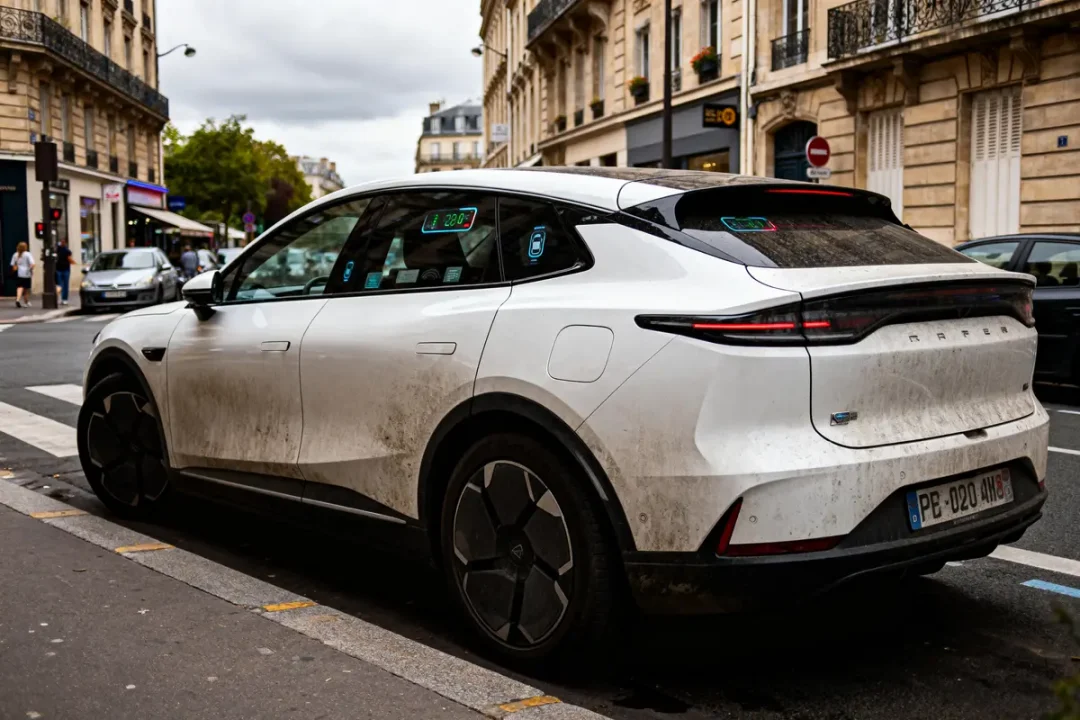 Voiture électrique blanche sale stationnée dans une rue urbaine avec bâtiments historiques en arrière-plan.