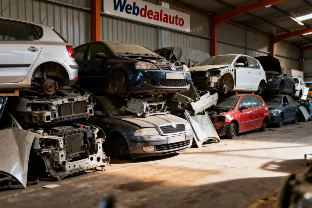 Pile de voitures accidentées empilées dans un entrepôt avec enseigne "Webdealauto" visible en arrière-plan.