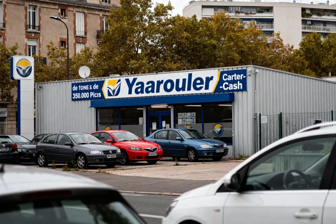 Devanture du magasin Yaarouler Carter-Cash, avec plusieurs voitures garées devant, en milieu urbain.