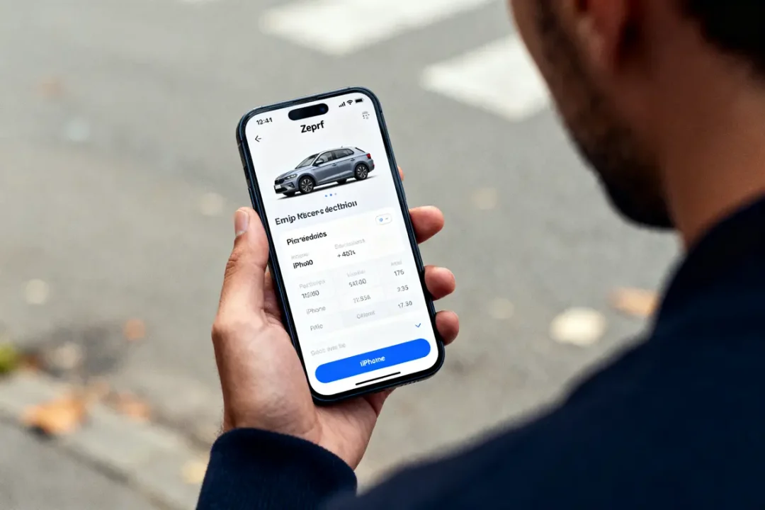 Personne tenant un smartphone avec une application affichant une voiture et des détails techniques à l'écran.