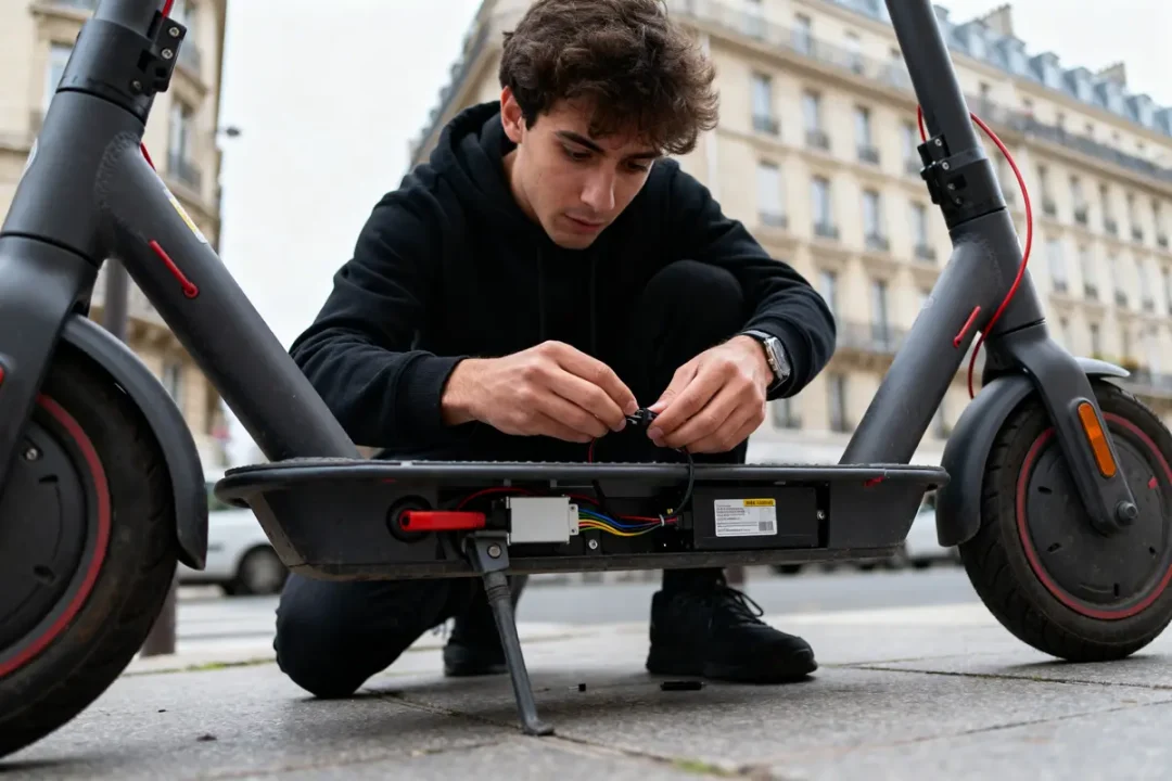 Un homme répare une trottinette électrique en centre-ville, câble en main.