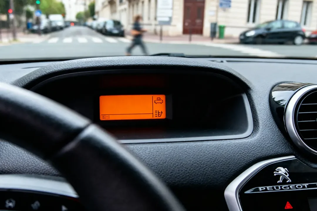 Tableau de bord Peugeot, voyant de vidange allumé, rue avec piéton traversant passage clouté.