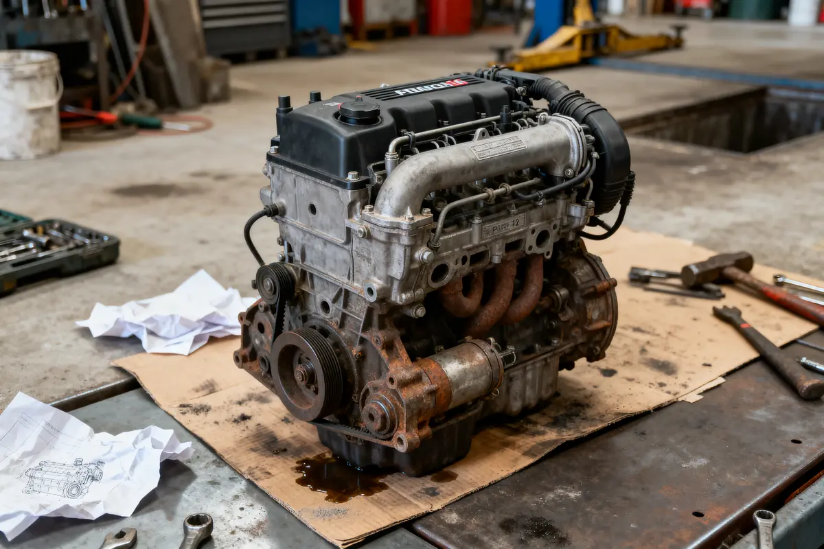 Moteur automobile sur établi, avec outils et plans, dans un atelier de mécanique.