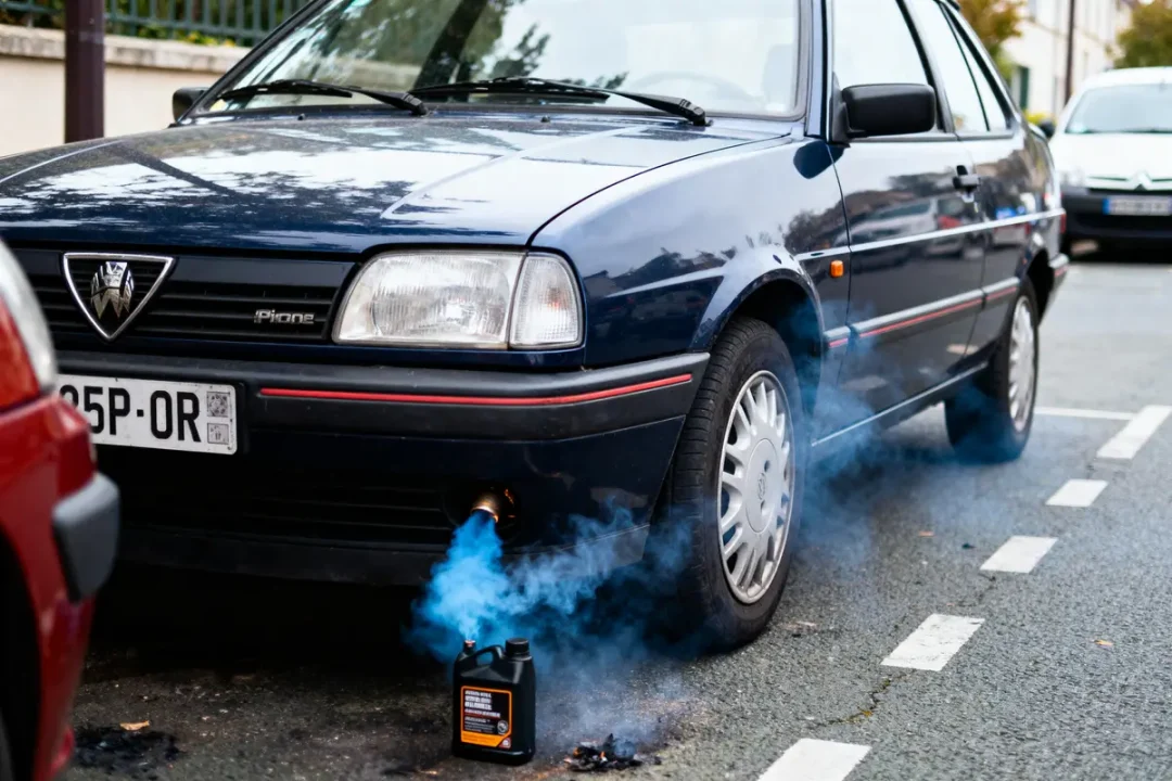 Voiture noire avec fumée bleue sortant du pot d'échappement, bidon d'huile moteur au sol.