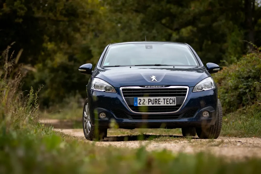 Voiture Peugeot bleue sur chemin de terre, entourée de végétation. Plaque "22 PURE-TECH".