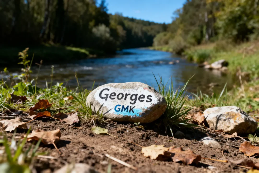 Pierre avec inscription « Georges GMK » près d'une rivière entourée de végétation et feuilles mortes, sous ciel bleu.