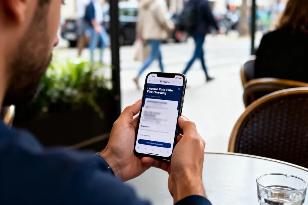 Homme utilisant son smartphone pour vérifier une amende de plaque d'immatriculation dans un café en extérieur.