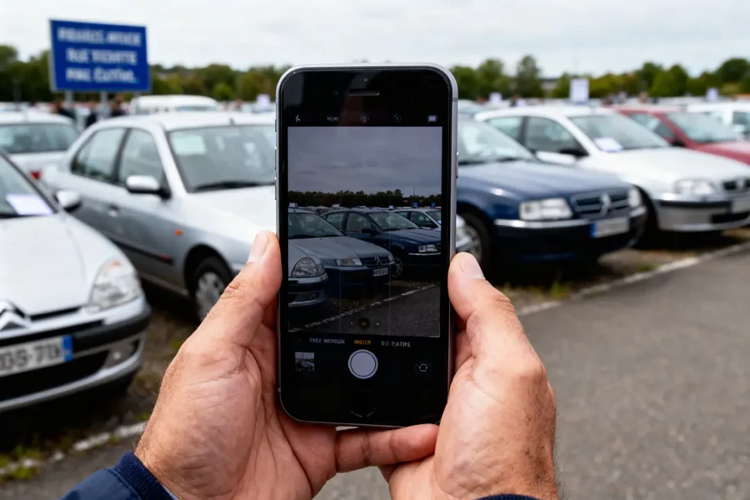 Personne prenant une photo d'une rangée de voitures avec un smartphone dans un parking.