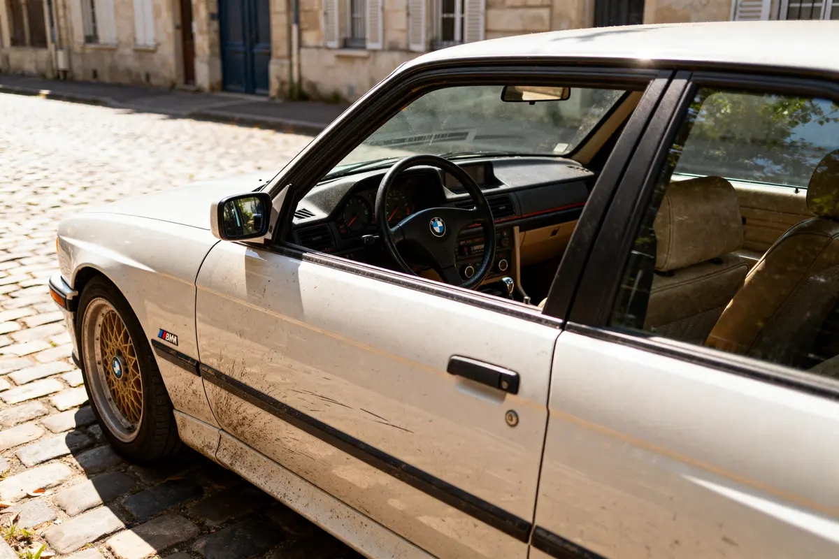 BMW M3 E30 blanche sur rue pavée avec intérieur et volant visibles