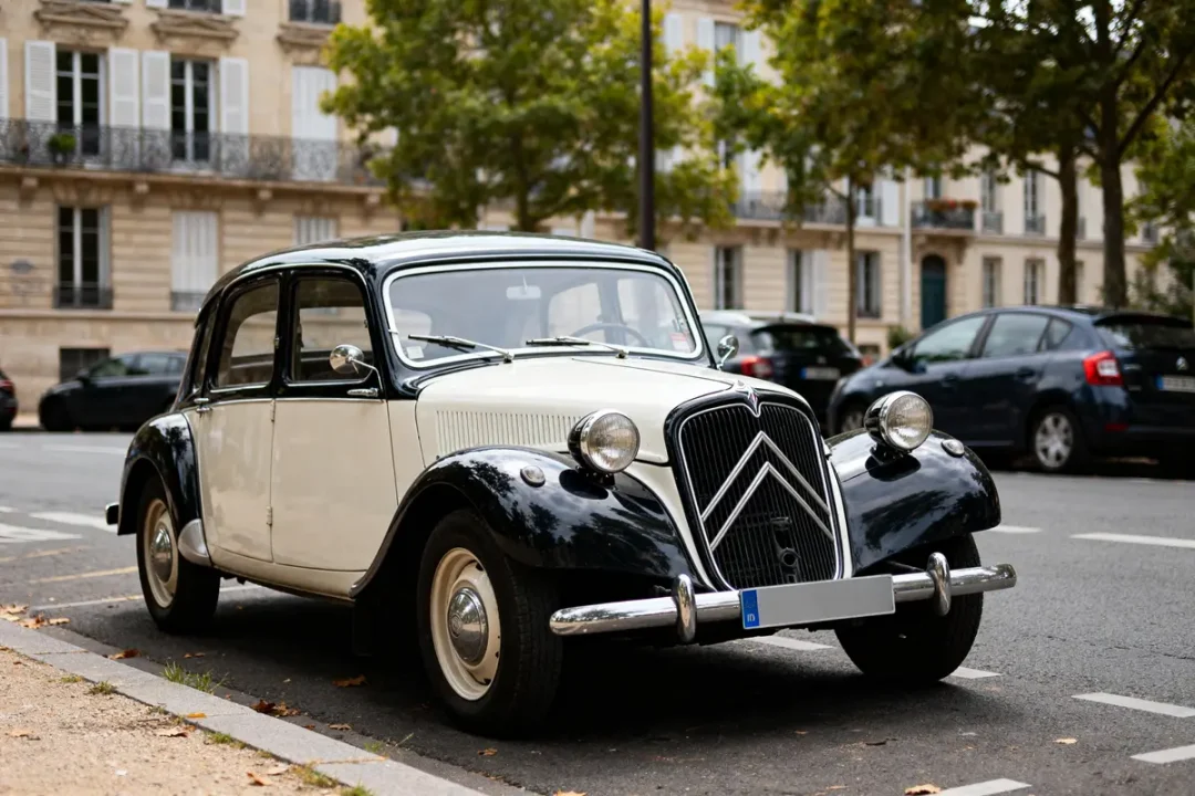 Citroën Traction Avant stationnée dans une rue bordée d'arbres et bâtiments haussmanniens