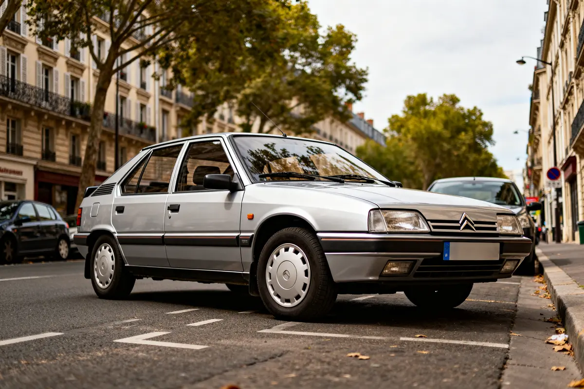 Citroën BX classique grise stationnée dans une rue de Paris sous les arbres
