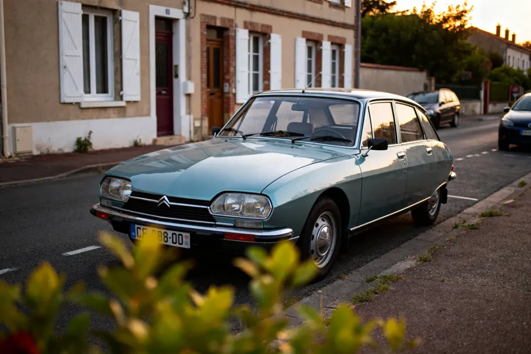 Une Citroën GS bleue garée sur une rue résidentielle au coucher du soleil