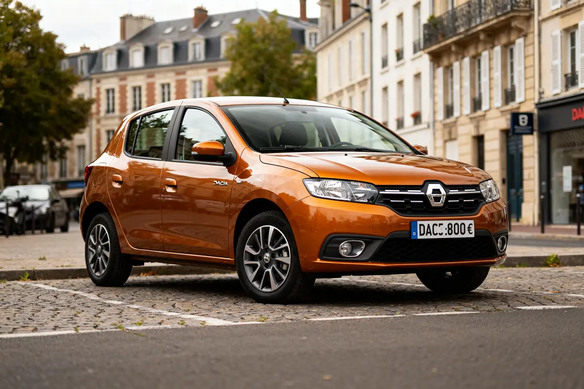 Dacia Sandero neuve 8000 euros stationnée sur une place en ville élégante