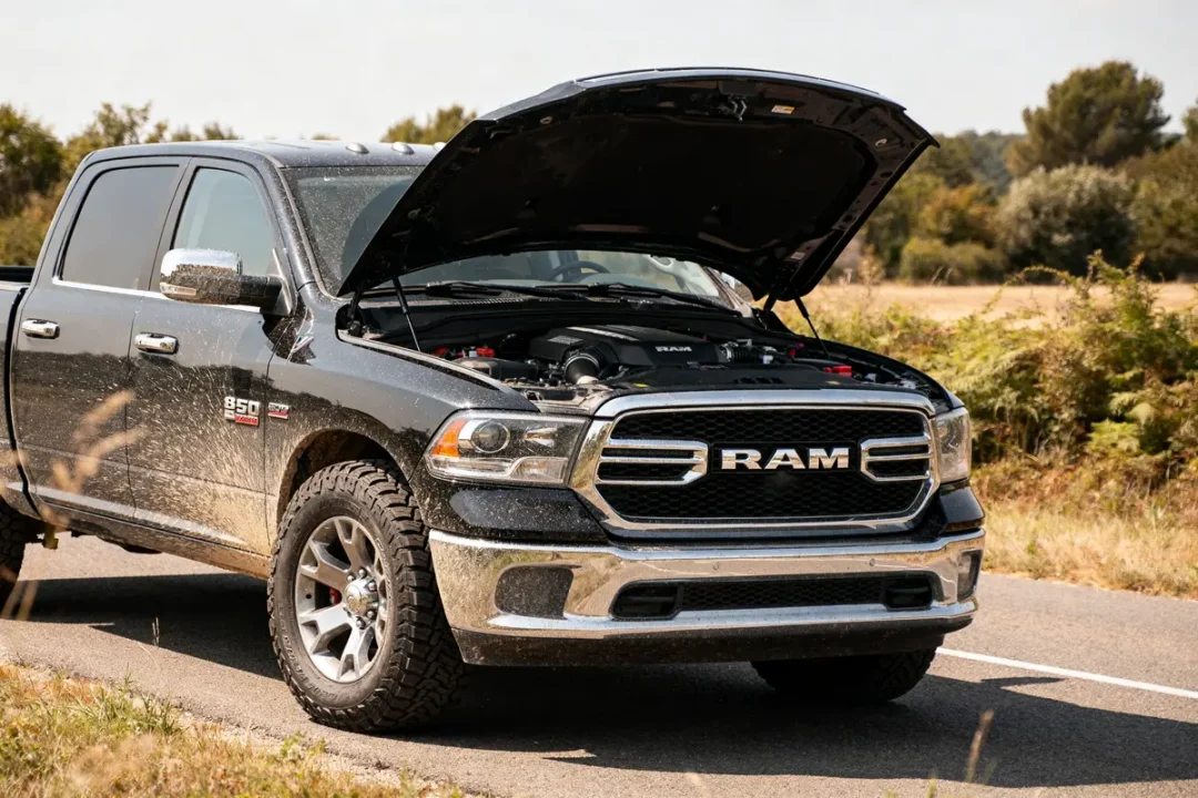 Dodge RAM 1500 gris sur route campagne avec capot ouvert et moteur visible