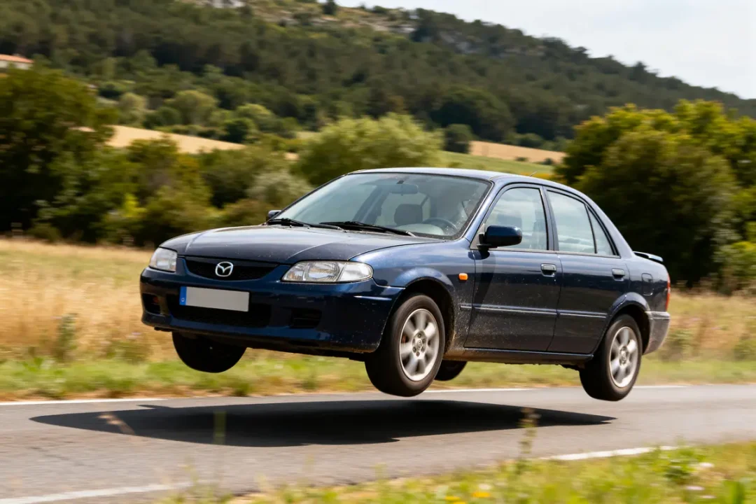Voiture Mazda 323 Protegé sautant sur une route de campagne en plein air